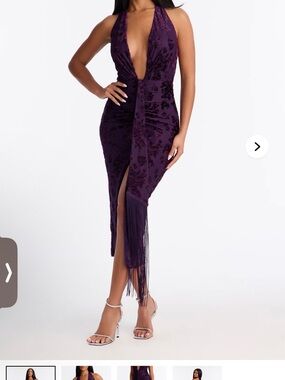 Fashion Nova Plunge Halter Fringe Midi Dress in Purple